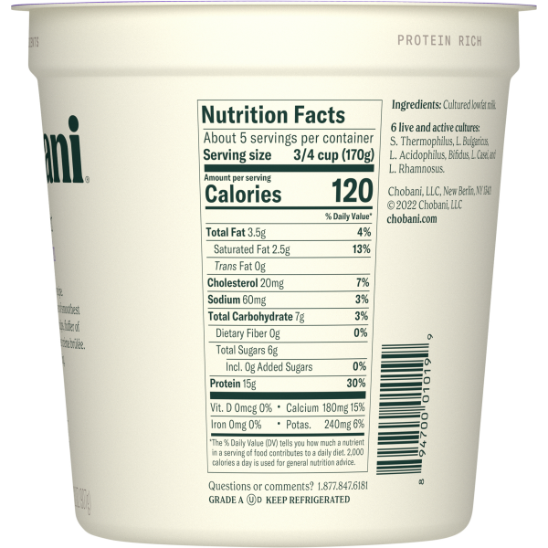 slide 2 of 19, Chobani Low-Fat Greek Plain Yogurt, 32 oz