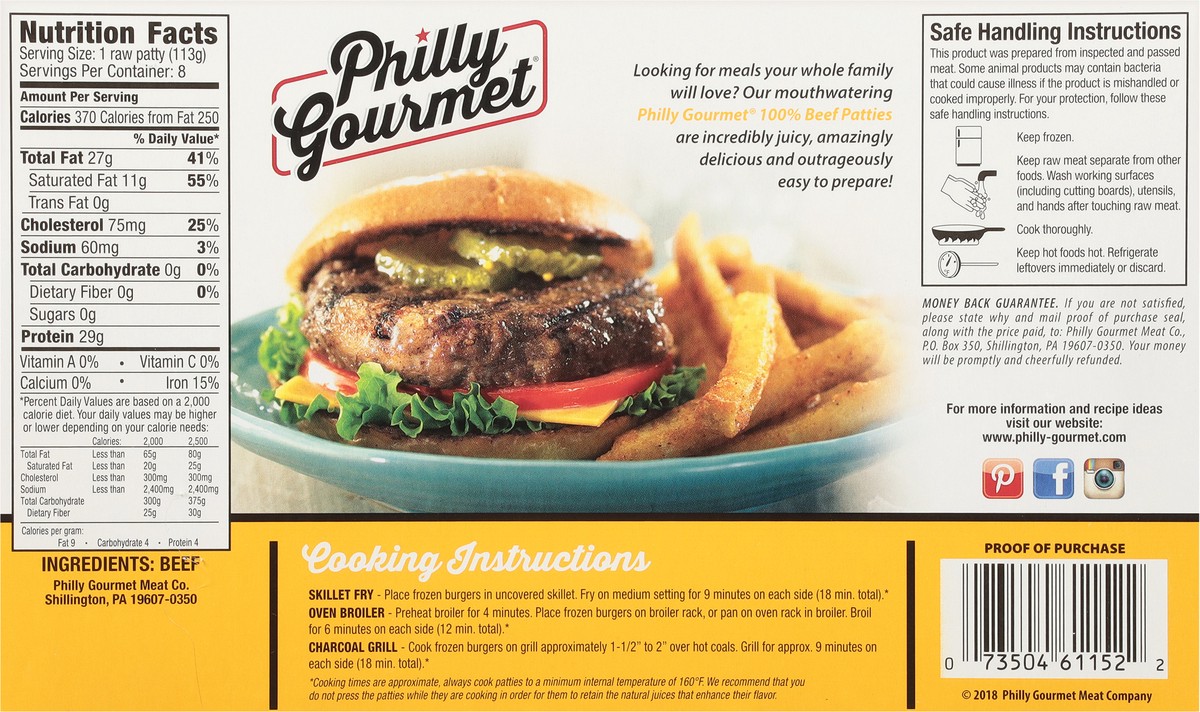 slide 6 of 9, Philly Gourmet 100% Pure Beef Patties, 8 ct