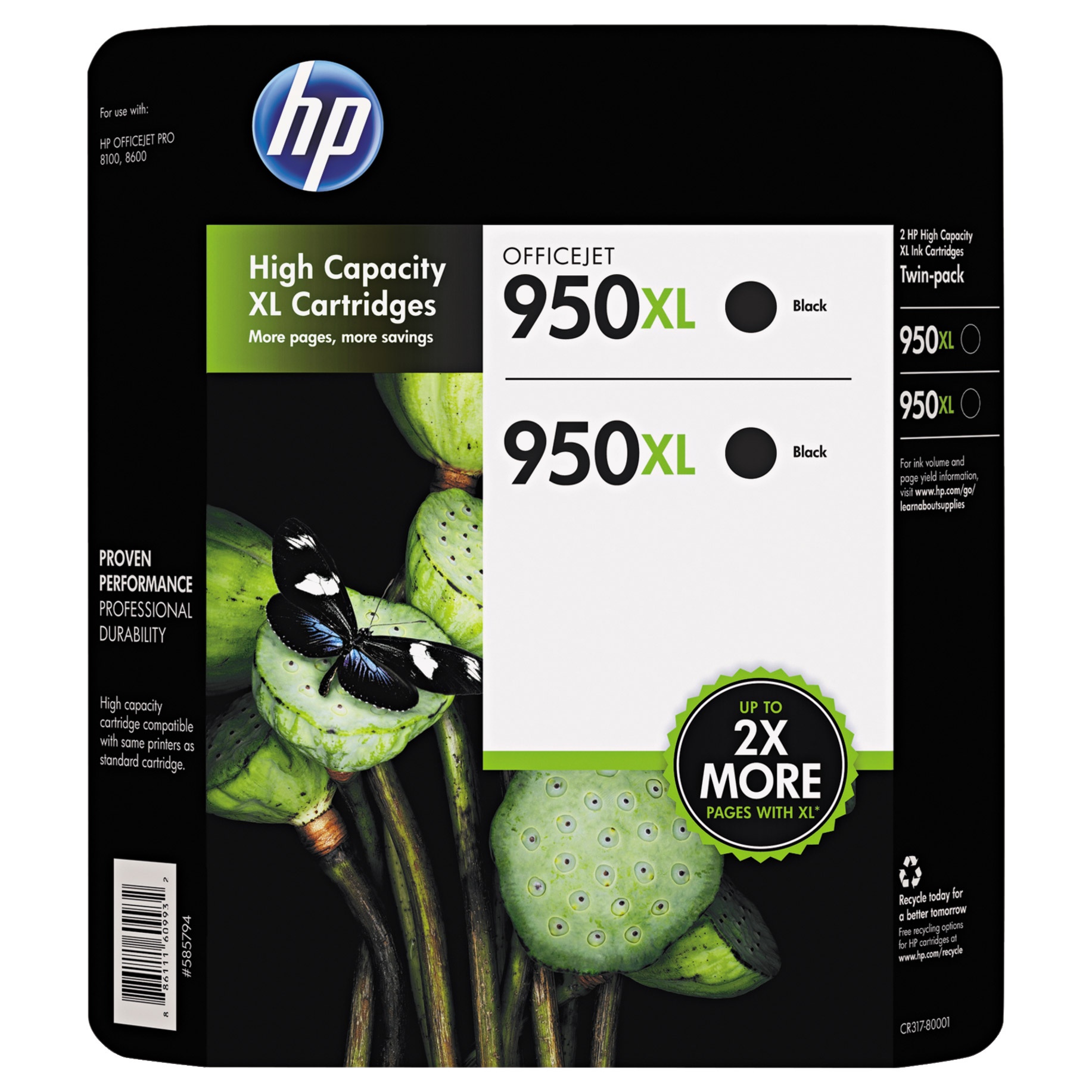 slide 1 of 1, HP 950XL High Capacity Black Ink Cartridges, 2 ct