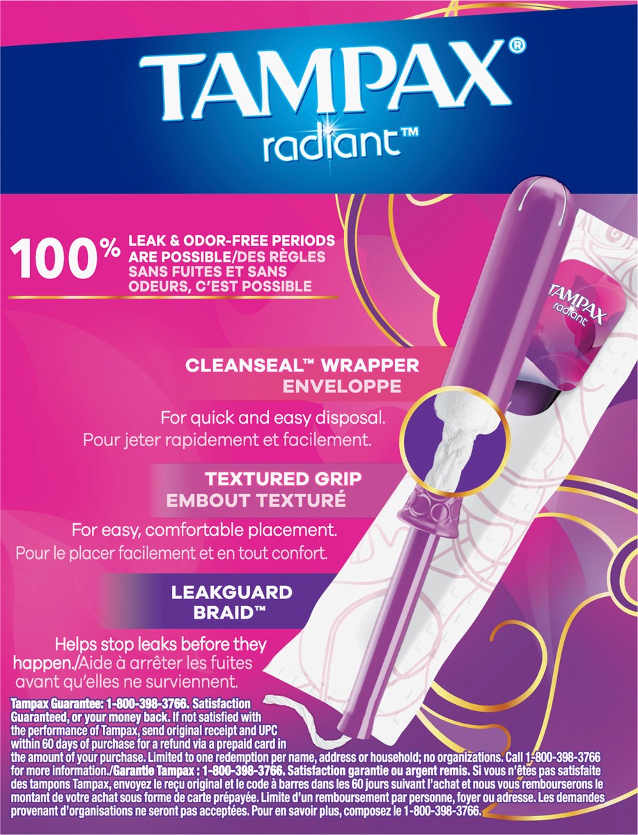 slide 7 of 7, Tampax Radiant Tampons with LeakGuard Braid, Super Absorbency, Unscented, 14 Count, 14 ct