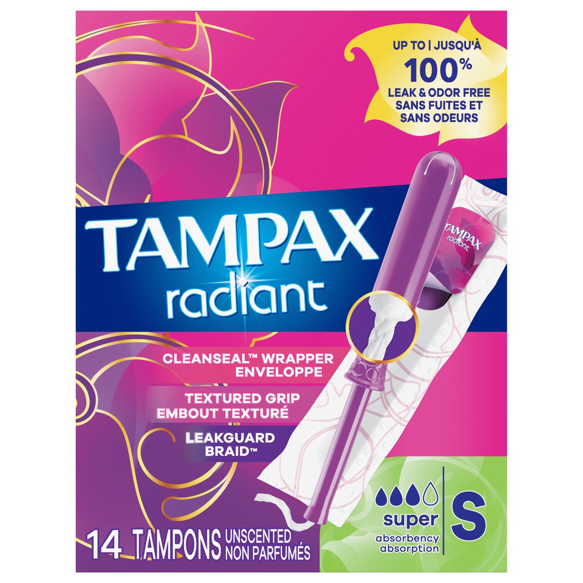 slide 1 of 7, Tampax Radiant Tampons with LeakGuard Braid, Super Absorbency, Unscented, 14 Count, 14 ct