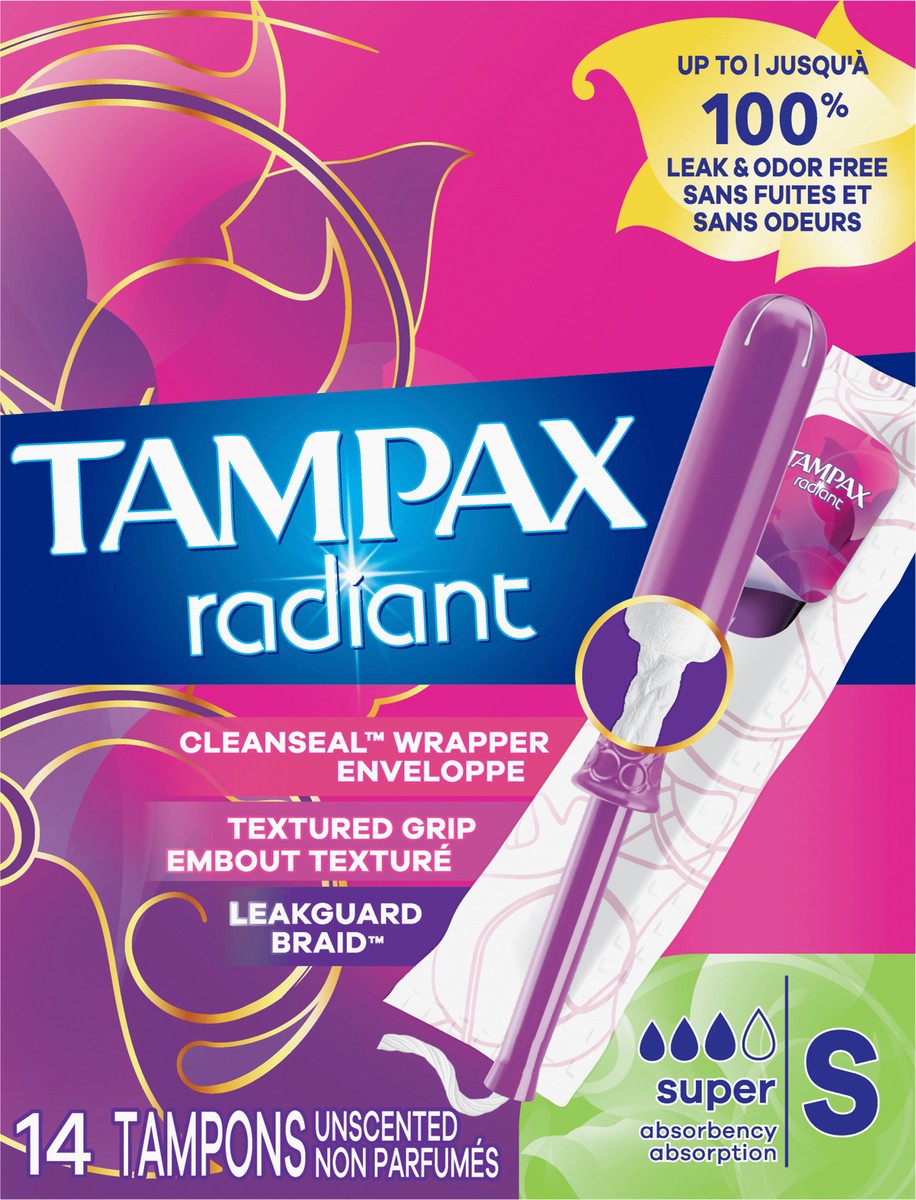 slide 2 of 7, Tampax Radiant Tampons with LeakGuard Braid, Super Absorbency, Unscented, 14 Count, 14 ct