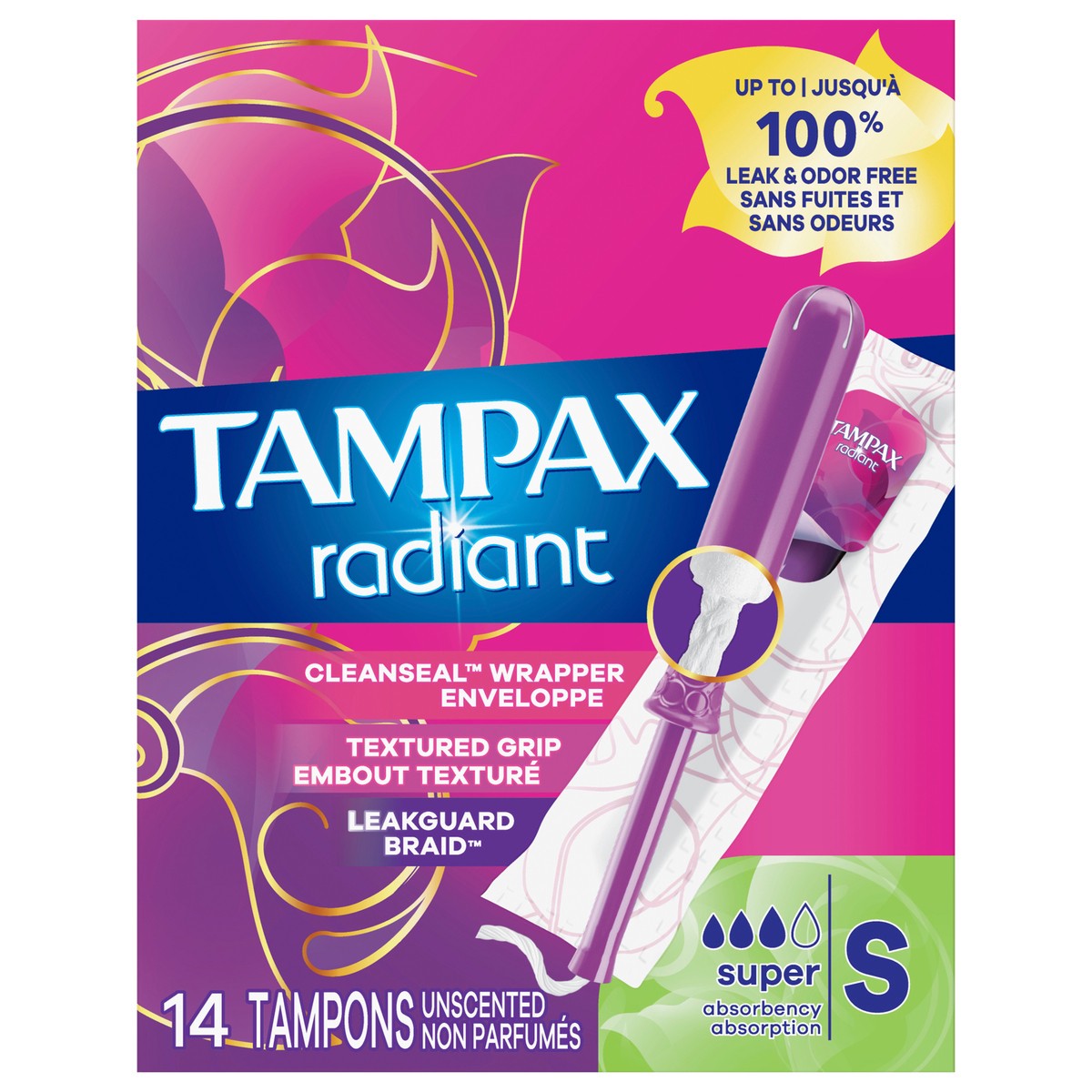 slide 4 of 7, Tampax Radiant Tampons with LeakGuard Braid, Super Absorbency, Unscented, 14 Count, 14 ct