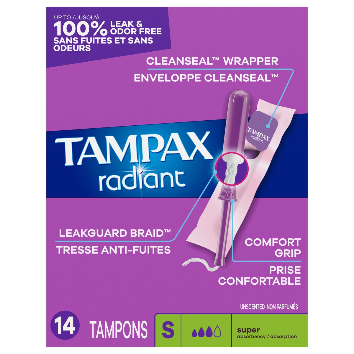 slide 1 of 7, Tampax Radiant Tampons, with LeakGuard Braid, Super Absorbency, Unscented, 14 Count, 14 ct