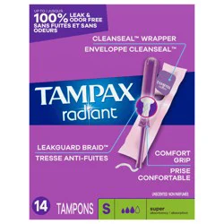 Tampax Radiant Tampons, with LeakGuard Braid, Super Absorbency, Unscented, 14 Count
