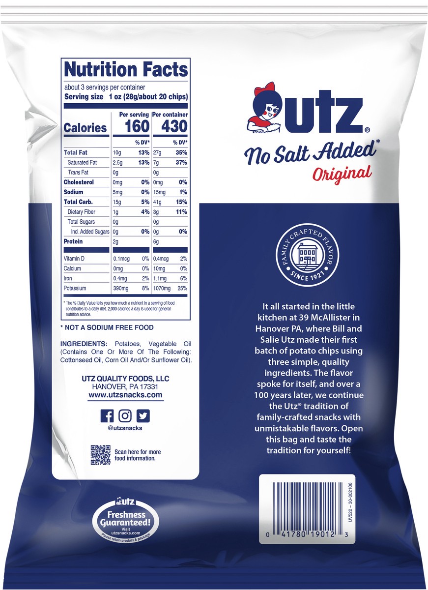 slide 6 of 7, Utz 2.75 oz Utz No Salt Added Original Potato Chips, 2.75 oz