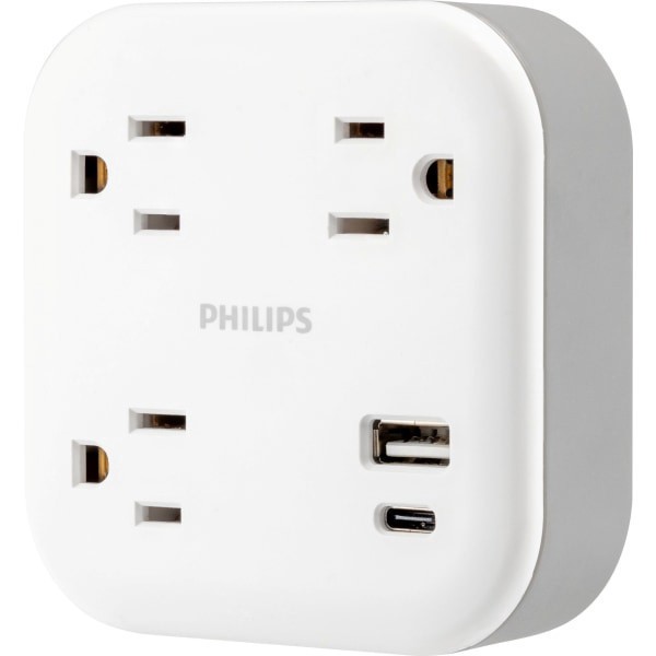 slide 5 of 5, Philips Elite 3-Outlet Surge Tap With USB, 6-3/4""H x 5-3/4""W x 1-15/16""D, White, 1 ct