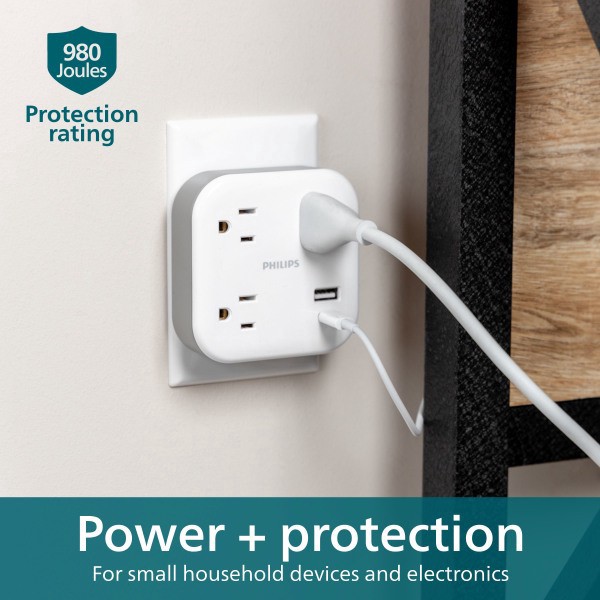 slide 2 of 5, Philips Elite 3-Outlet Surge Tap With USB, 6-3/4""H x 5-3/4""W x 1-15/16""D, White, 1 ct