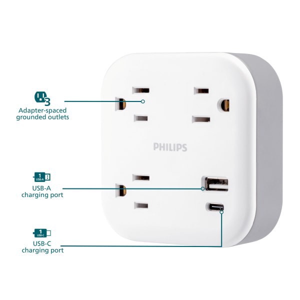 slide 4 of 5, Philips Elite 3-Outlet Surge Tap With USB, 6-3/4""H x 5-3/4""W x 1-15/16""D, White, 1 ct