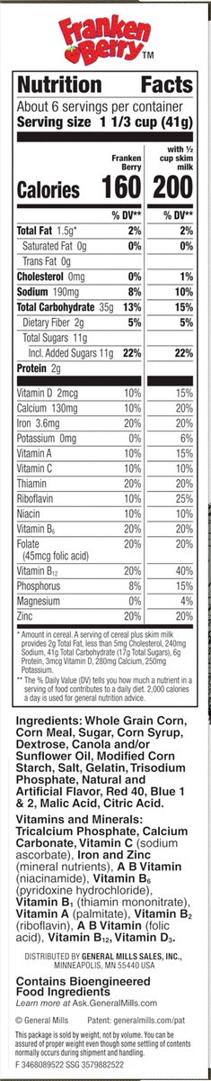 slide 7 of 9, Franken Berry Cereal with Frightful Friends Marshmallows, Kids Breakfast Cereal, Limited Edition, Made with Whole Grain, 9.6 oz, 9.6 oz