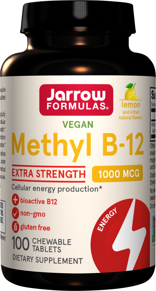 slide 2 of 4, Jarrow Formulas Extra Strength Methyl B-12 1000 mcg - Dietary Supplement - 100 Lemon Flavored Chewable Tablets - Bioactive Vitamin B-12 - Supports Cellular Energy Production, Sleep & Brain Health, 100 ct