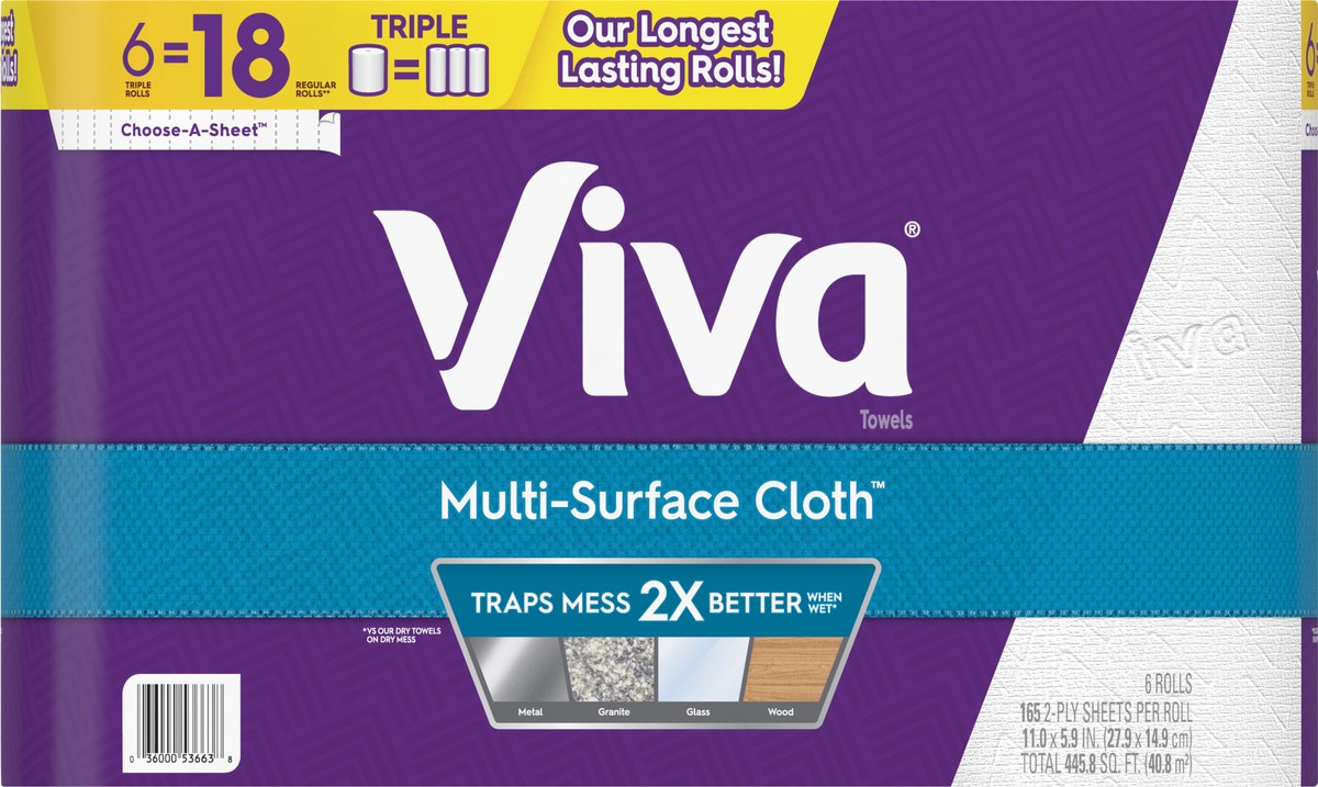 slide 3 of 9, Viva Multi-Surface Cloth Paper Towels, 6 Triple Rolls, 165 Sheets Per Roll, 6 ct