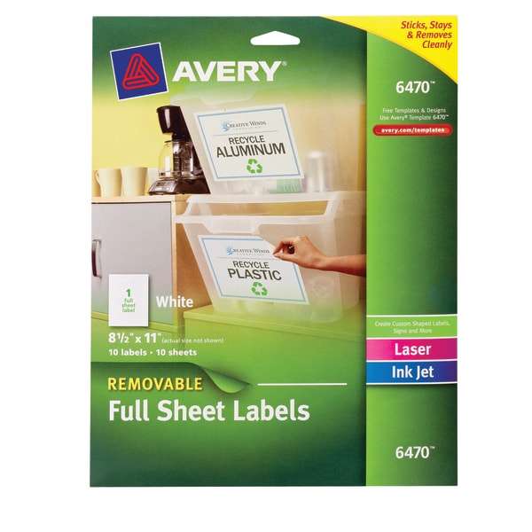 slide 1 of 4, Avery Removable Full-Sheet Labels, 6470, White, 10 ct; 8 1/2 in x 11 in