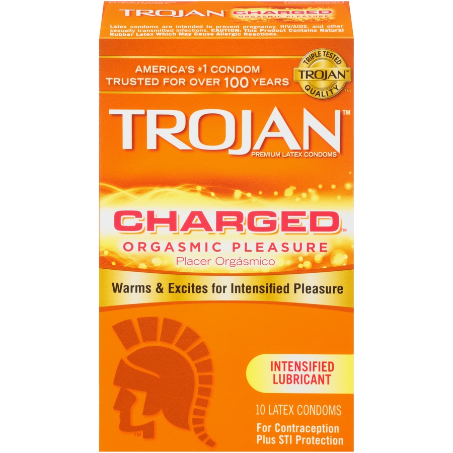 slide 1 of 1, Trojan intensified charged orgasmic pleasure latex condoms, 10 ct