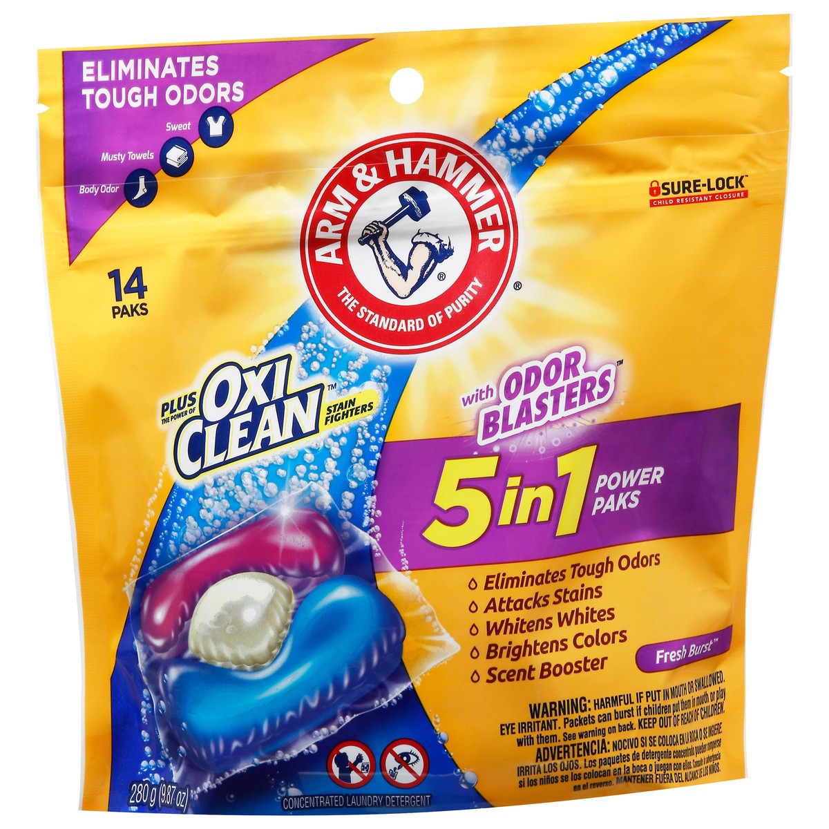 slide 6 of 10, ARM & HAMMER Plus OxiClean with Odor Blasters LAUNDRY DETERGENT 5-IN-1 Power Paks, 14 Count, 14 ct