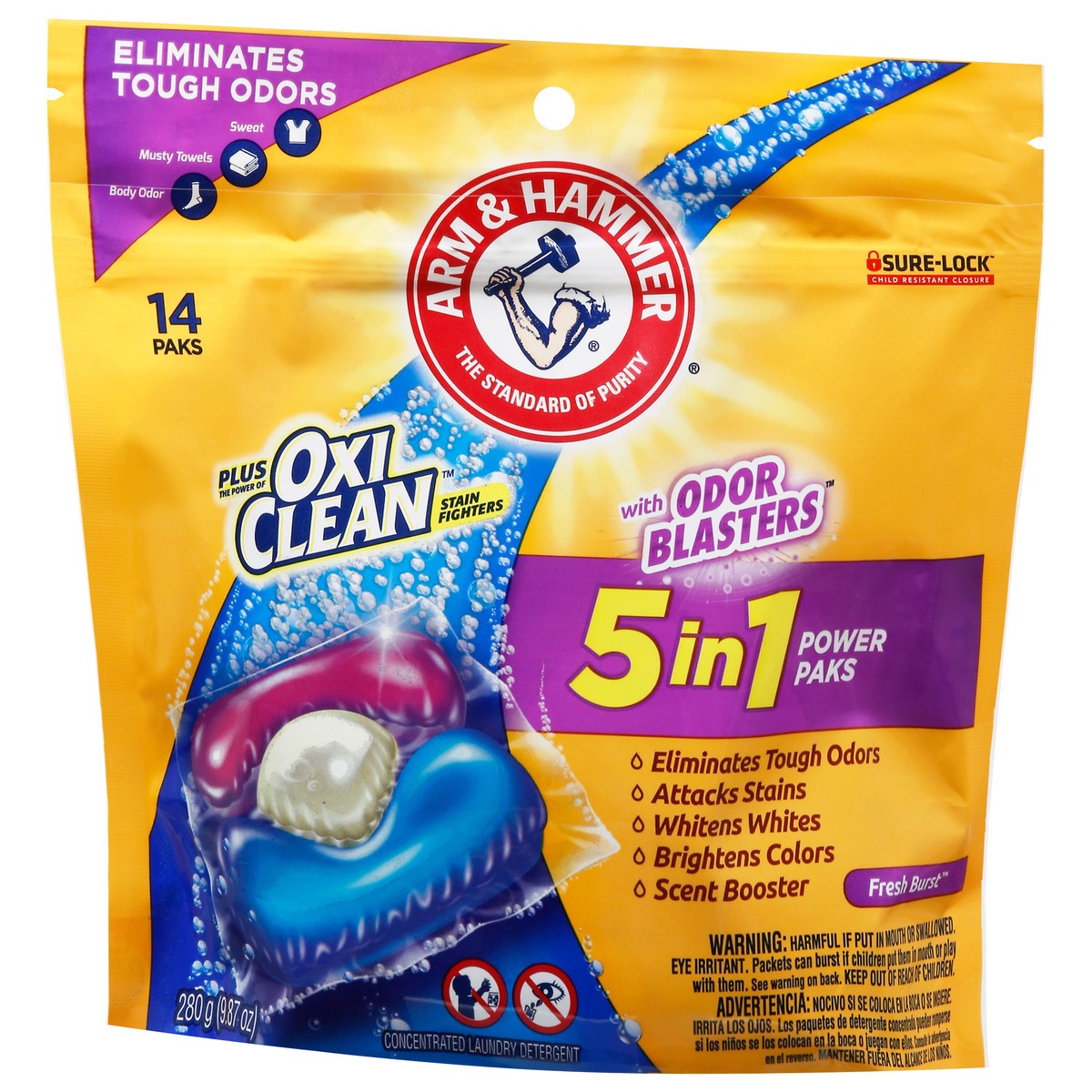 slide 9 of 10, ARM & HAMMER Plus OxiClean with Odor Blasters LAUNDRY DETERGENT 5-IN-1 Power Paks, 14 Count, 14 ct