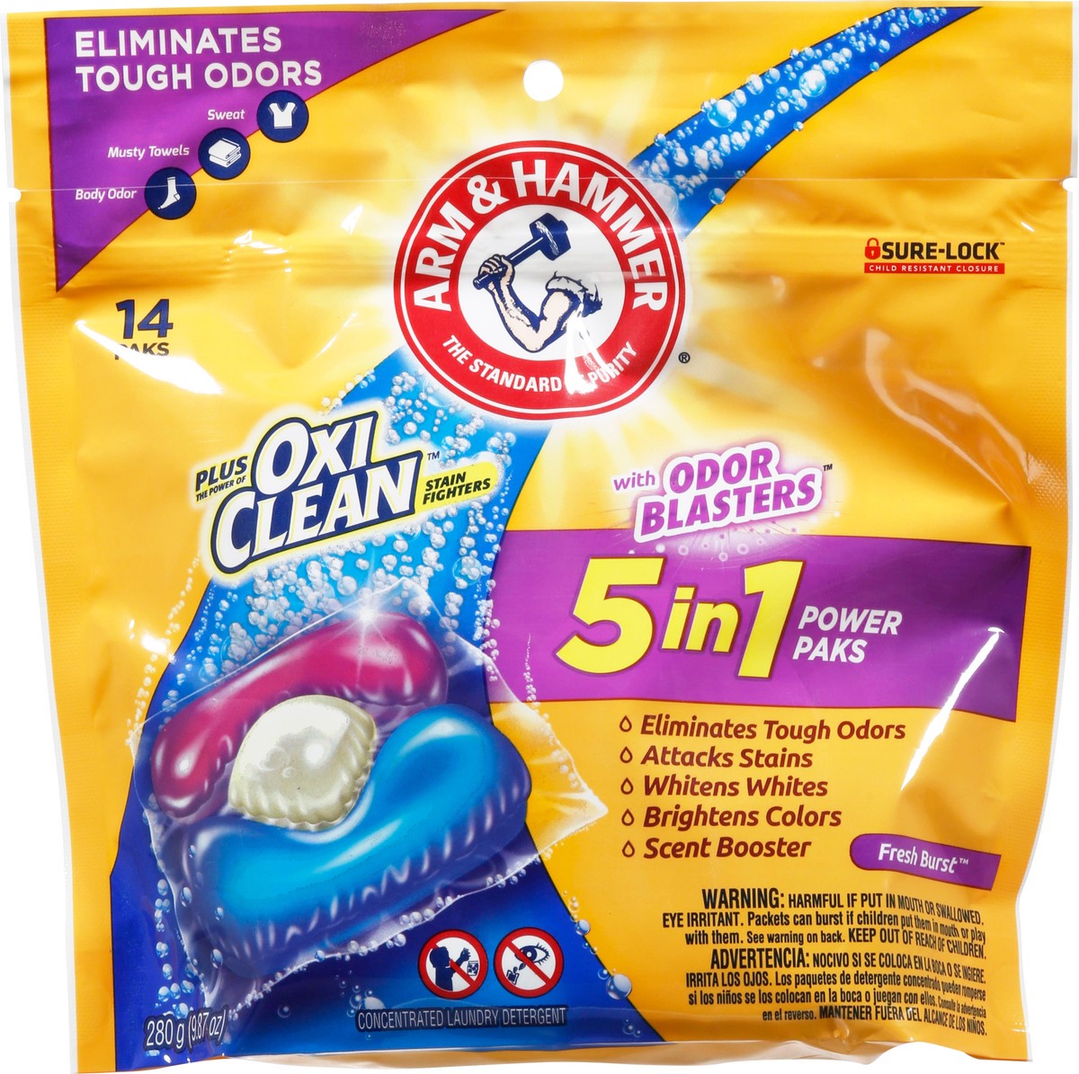 slide 2 of 10, ARM & HAMMER Plus OxiClean with Odor Blasters LAUNDRY DETERGENT 5-IN-1 Power Paks, 14 Count, 14 ct