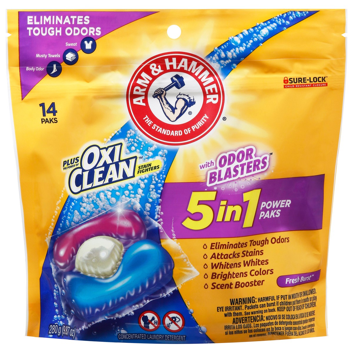 slide 5 of 10, ARM & HAMMER Plus OxiClean with Odor Blasters LAUNDRY DETERGENT 5-IN-1 Power Paks, 14 Count, 14 ct