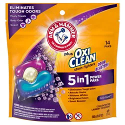 ARM & HAMMER Plus OxiClean with Odor Blasters 5-in-1 Laundry Detergent Power Paks, Laundry Odor Remover, Eliminates Odors, Attacks Stains, Fresh Burst Scent, 14 Count​