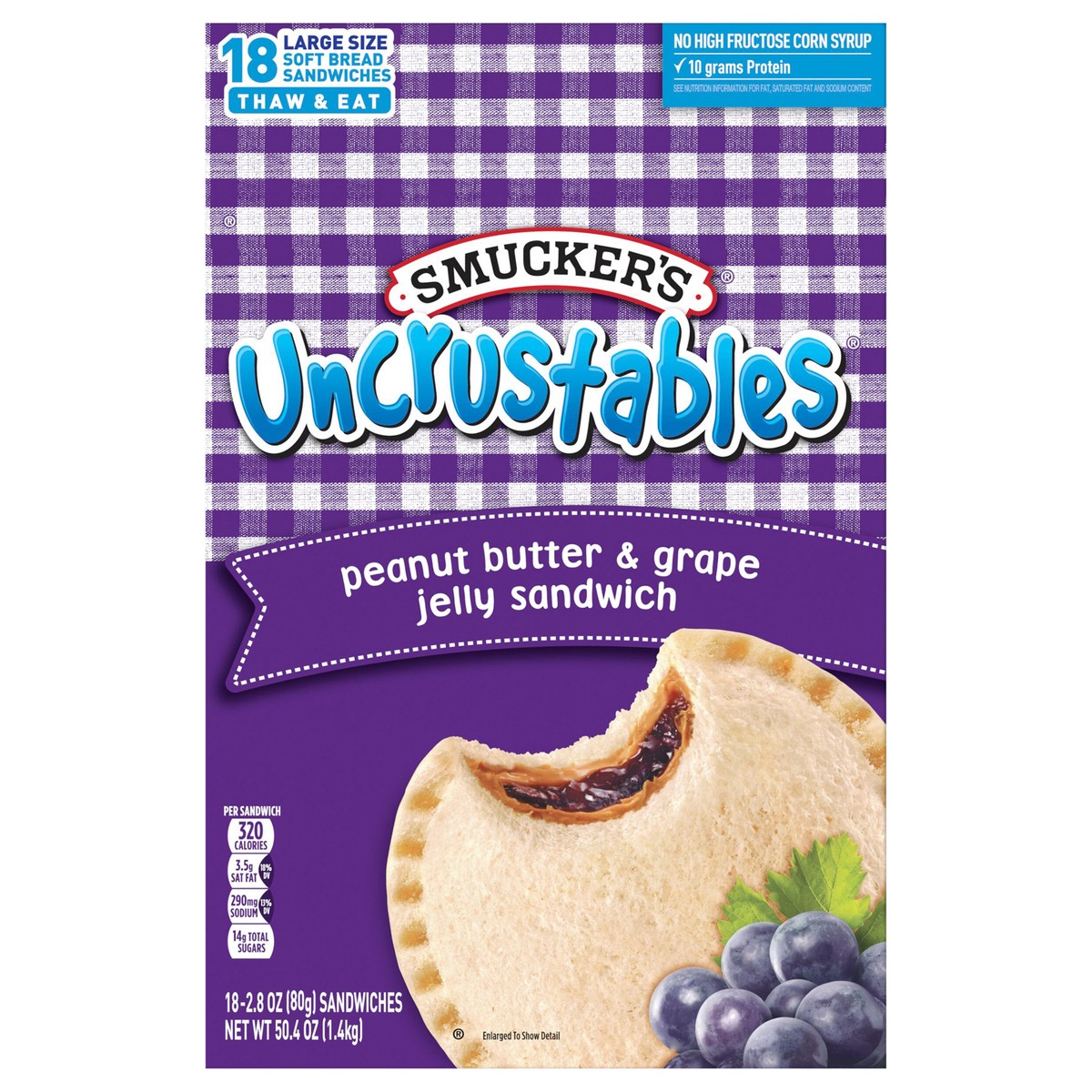 slide 1 of 1, Smucker's Uncrustables Peanut Butter and Grape Jelly Sandwiches, 2.8 Ounces (Pack of 18) (Frozen), 18 ct; 2.8 oz