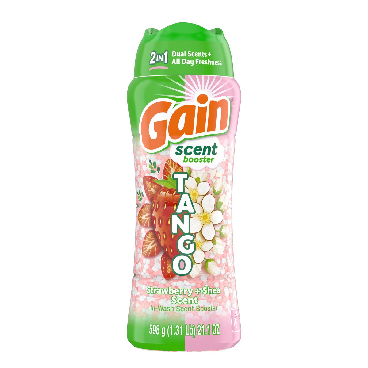 slide 1 of 7, Gain Tango 2-in-1 Laundry Scent Booster Beads, Strawberry and Shea Scent, 21.1 oz, Laundry Beads with Dual Scents Plus All Day Freshness, 1.31 lb