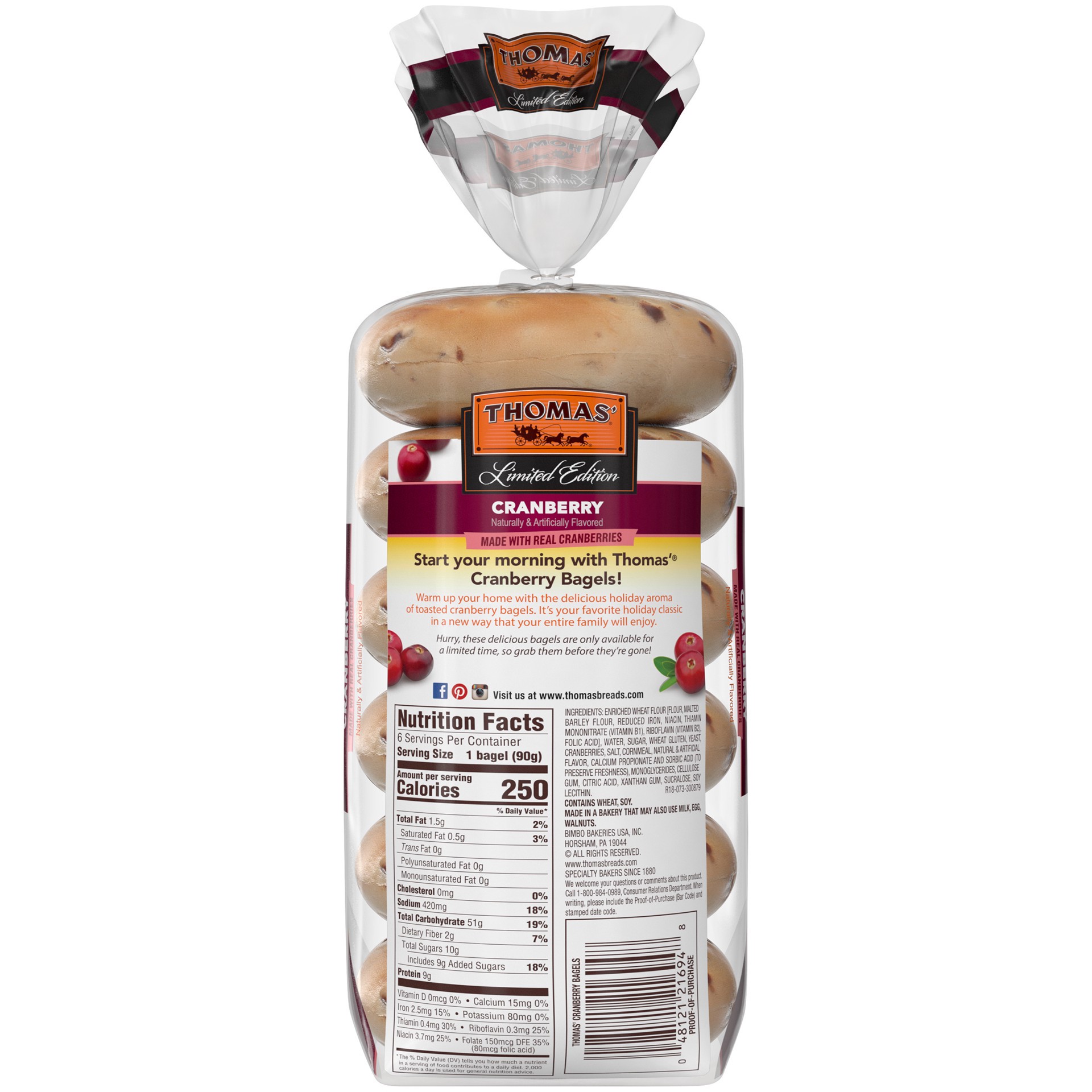 slide 2 of 3, Thomas' Limited Edition Cranberry Pre-sliced Bagels, 6 count, 19 oz, 6 ct