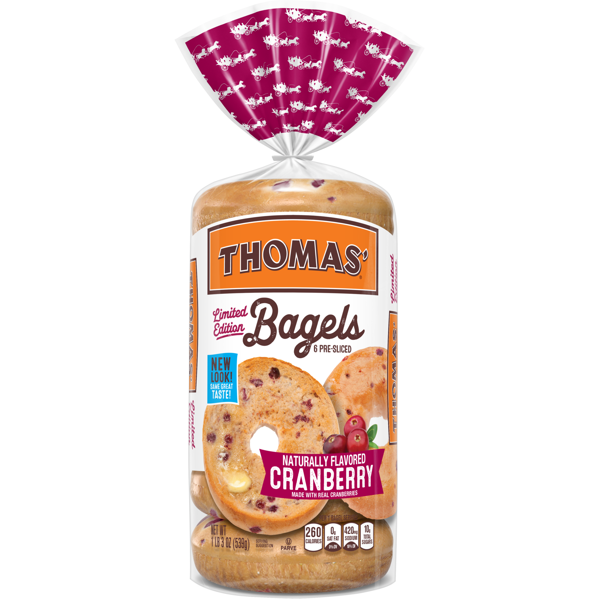 slide 1 of 3, Thomas' Limited Edition Cranberry Pre-sliced Bagels, 6 count, 19 oz, 6 ct