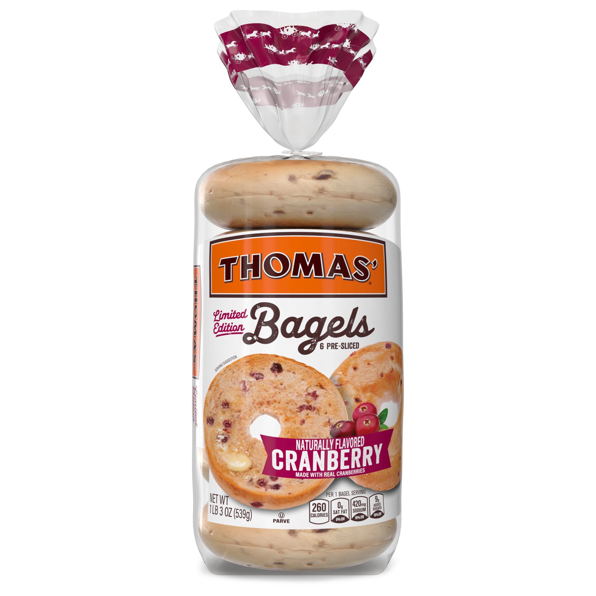 slide 1 of 3, Thomas' Cranberry Bagels, 6 count, Pre-sliced Bagels, 19 oz Bag, 6 ct