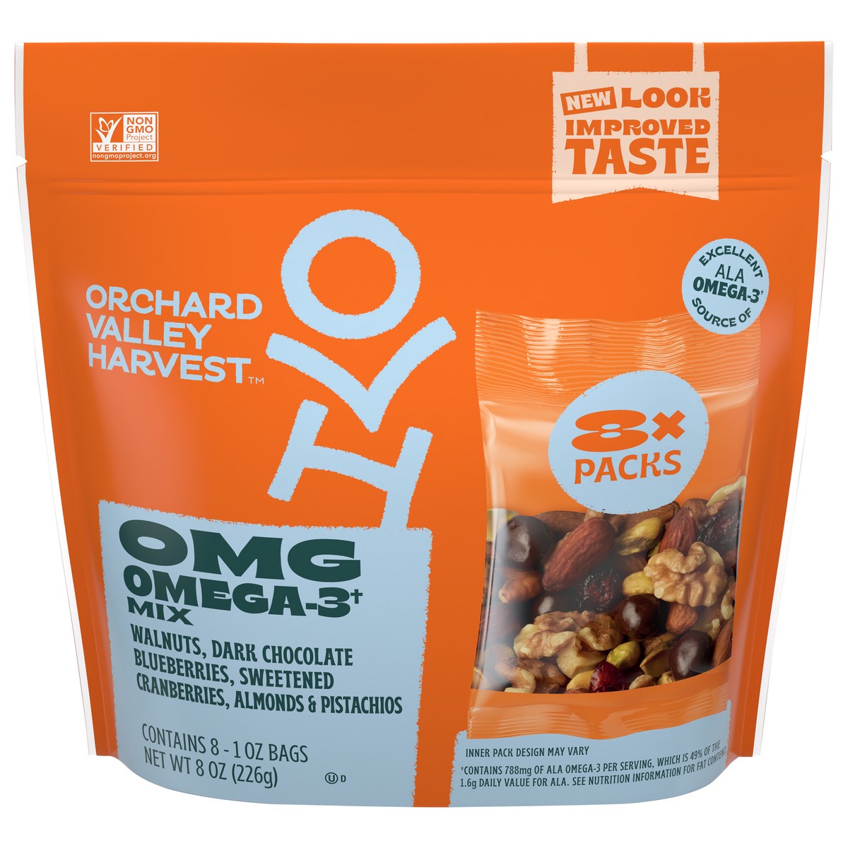 slide 1 of 13, Orchard Valley Harvest OMG Omega-3 Mix 8 - 1 oz Bags, 8 ct