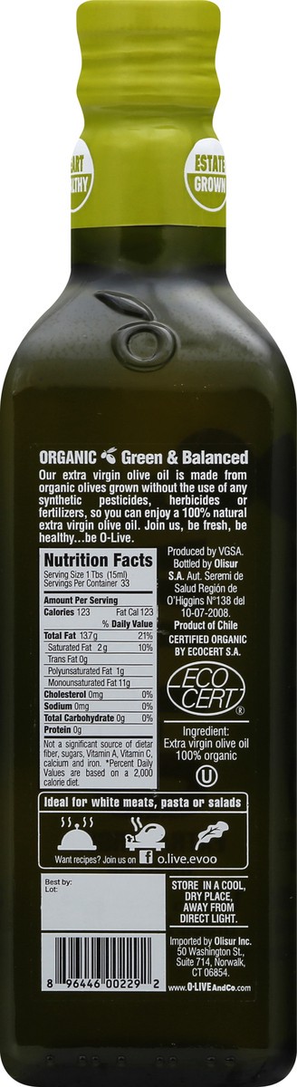 slide 5 of 9, O-LiveandCo Extra Virgin 100% Organic Green & Balanced Olive Oil 16.9 oz, 16.9 fl oz