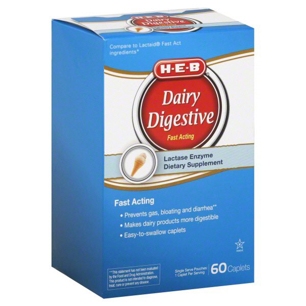 slide 1 of 1, H-E-B Dairy Digestive Fast Acting Caplets, 60 ct