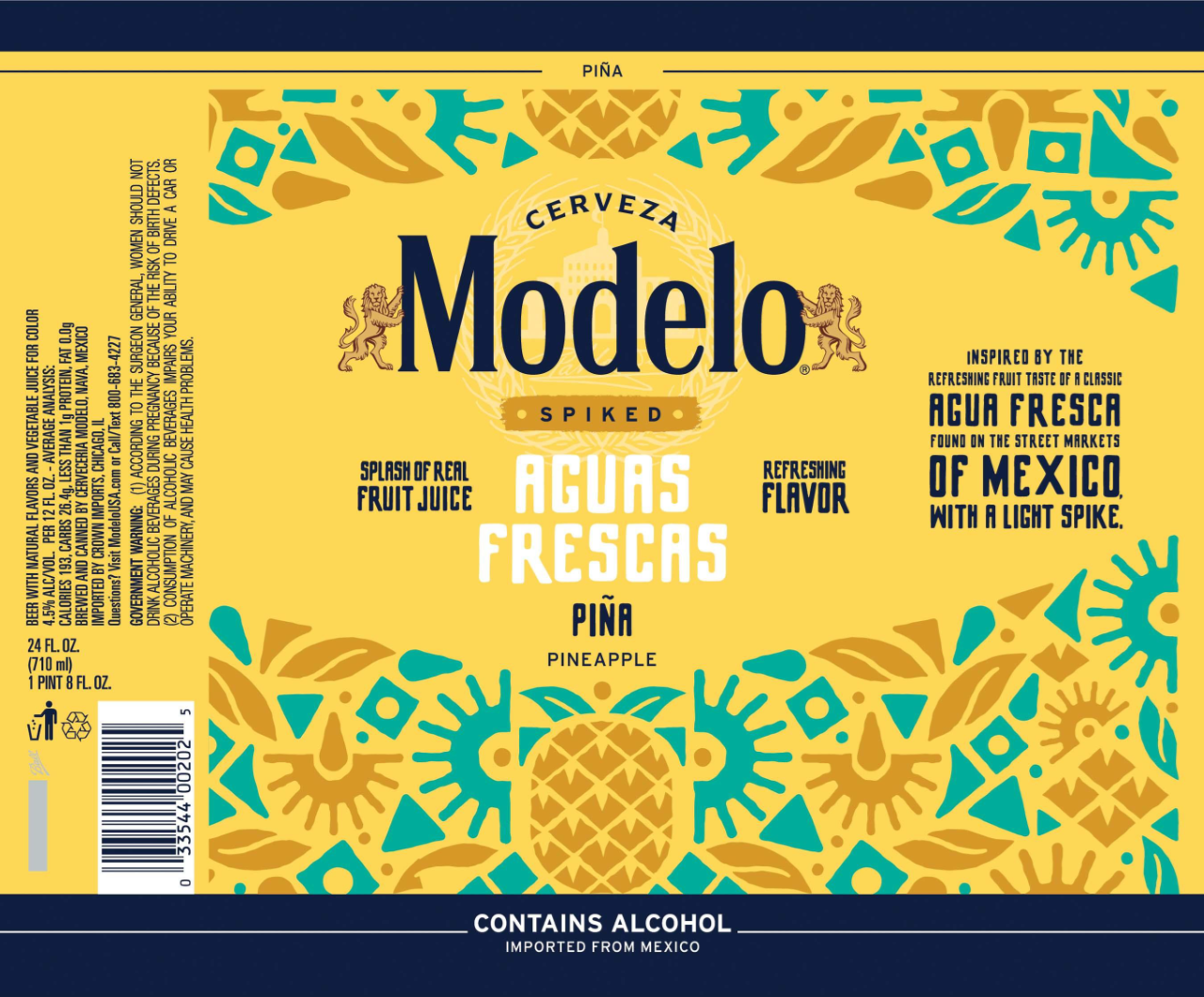 slide 9 of 9, Modelo Spiked Aguas Frescas Pina Flavored Malt Beverage, 24 fl oz Can, 4.5% ABV, 24 fl oz