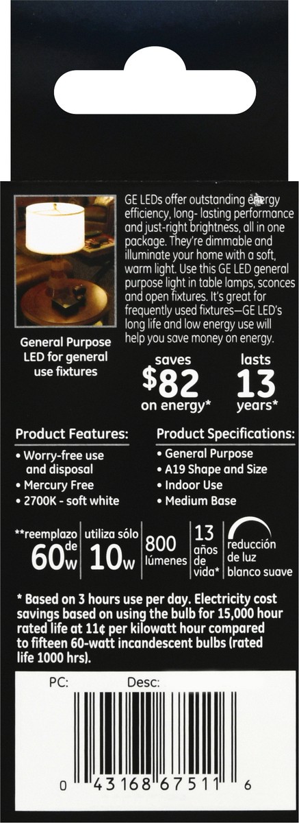 slide 7 of 9, GE Light Bulb, Led, 10 Watt, A19, Medium Base, Soft White, Frost Finish, 1Pk, 1 ct