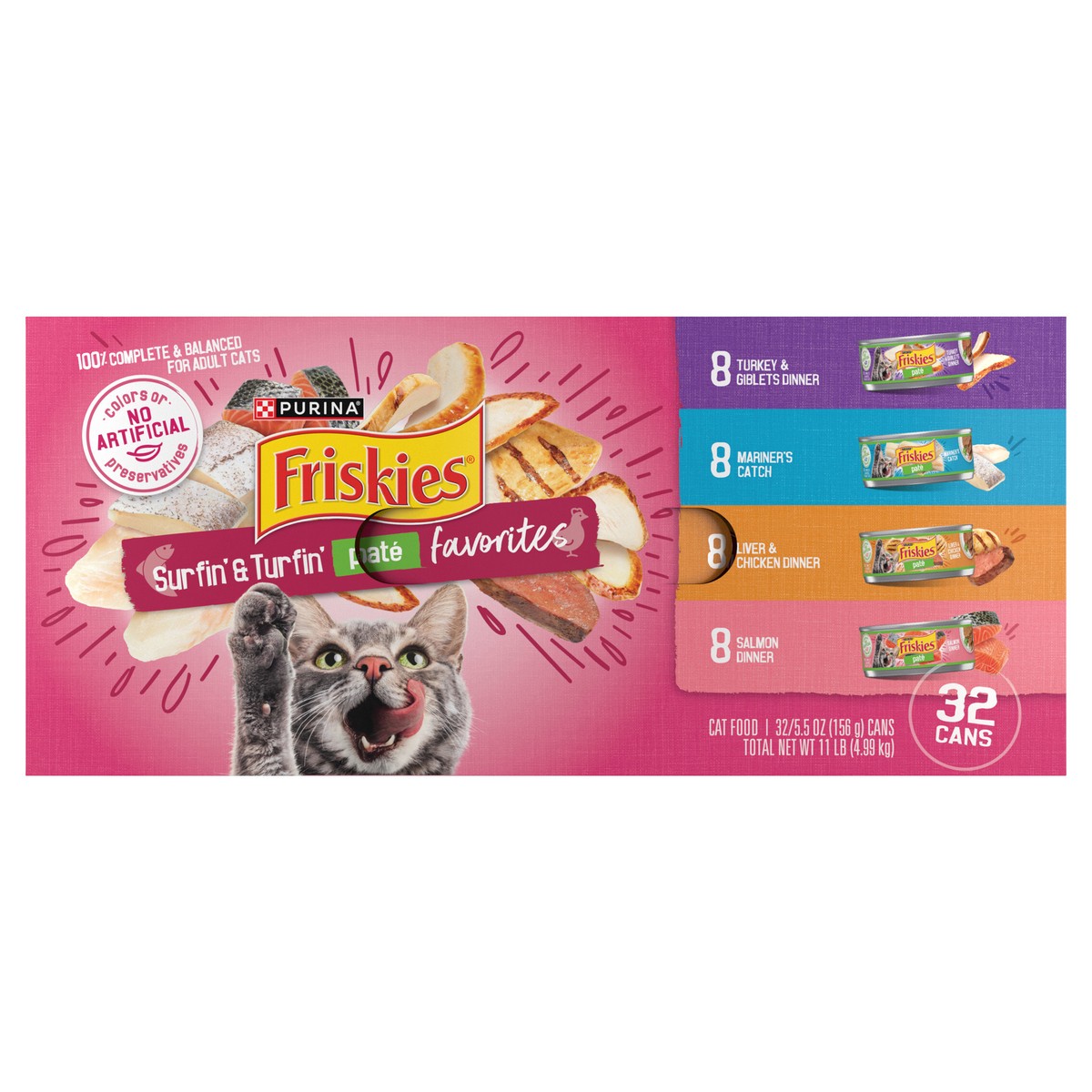 slide 1 of 9, Friskies Purina Friskies Wet Cat Food Pate Variety Pack, Surfin' and Turfin' Favorites - (32) 5.5 oz. Cans, 32 ct