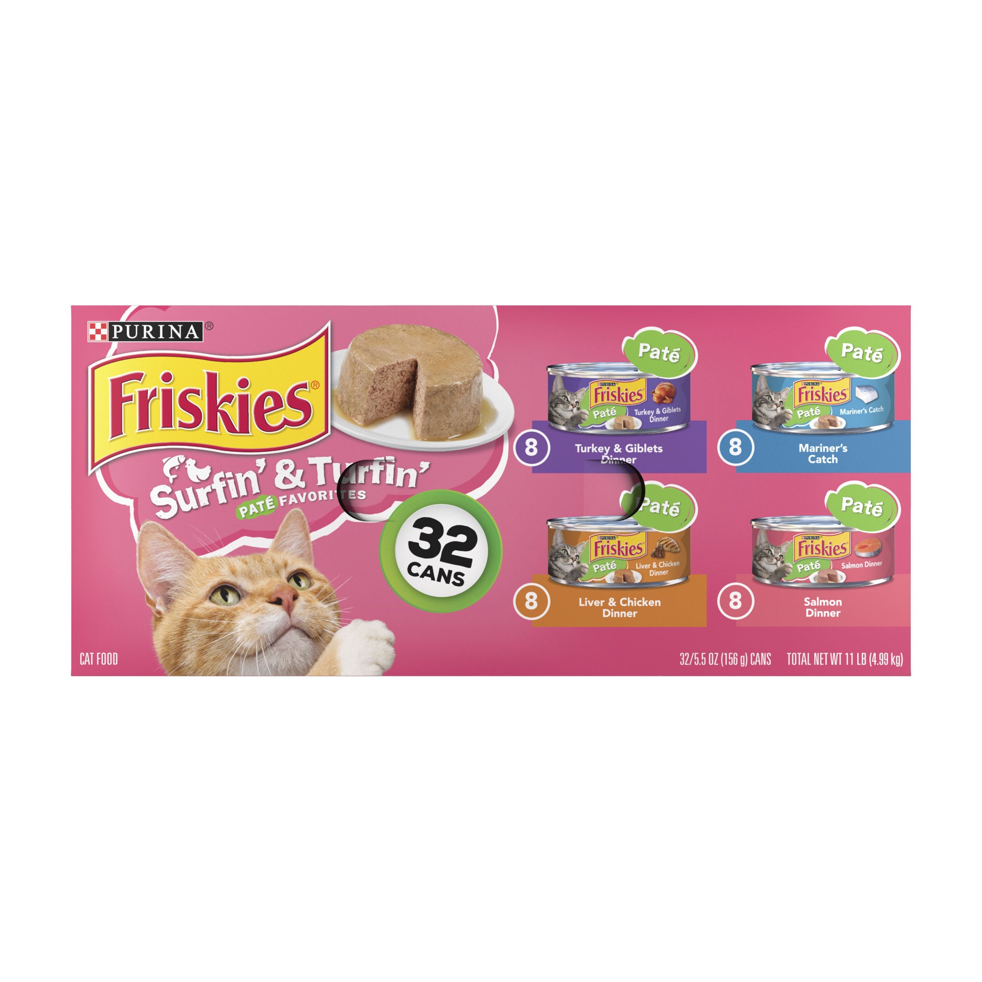 slide 1 of 9, Purina Friskies Wet Cat Food Pate Variety Pack, Surfin' and Turfin' Favorites, 11 lb