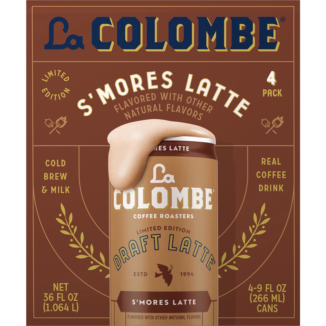 slide 1 of 1, La Colombe Coffee\, S'mores Cold Brew Draft Latte\, 9 fl oz Cans\, 4 Pack, 9 oz