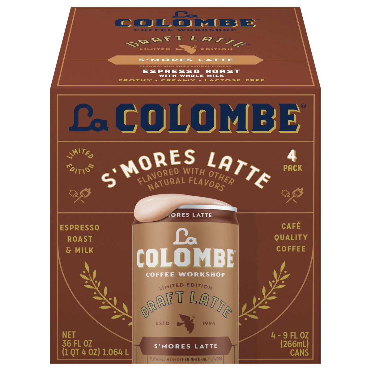 slide 1 of 13, La Colombe Coffee, S''mores Cold Brew Draft Latte, 9 fl oz Cans, 4 Pack, 4 ct