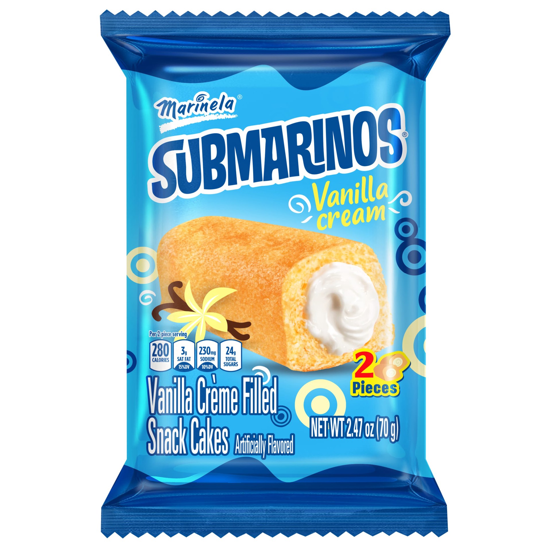 slide 5 of 6, Marinela Submarines Vanilla Cream (Twin Pack) Filled Snack Cakes, 2 count, 2.47 oz, 2 ct