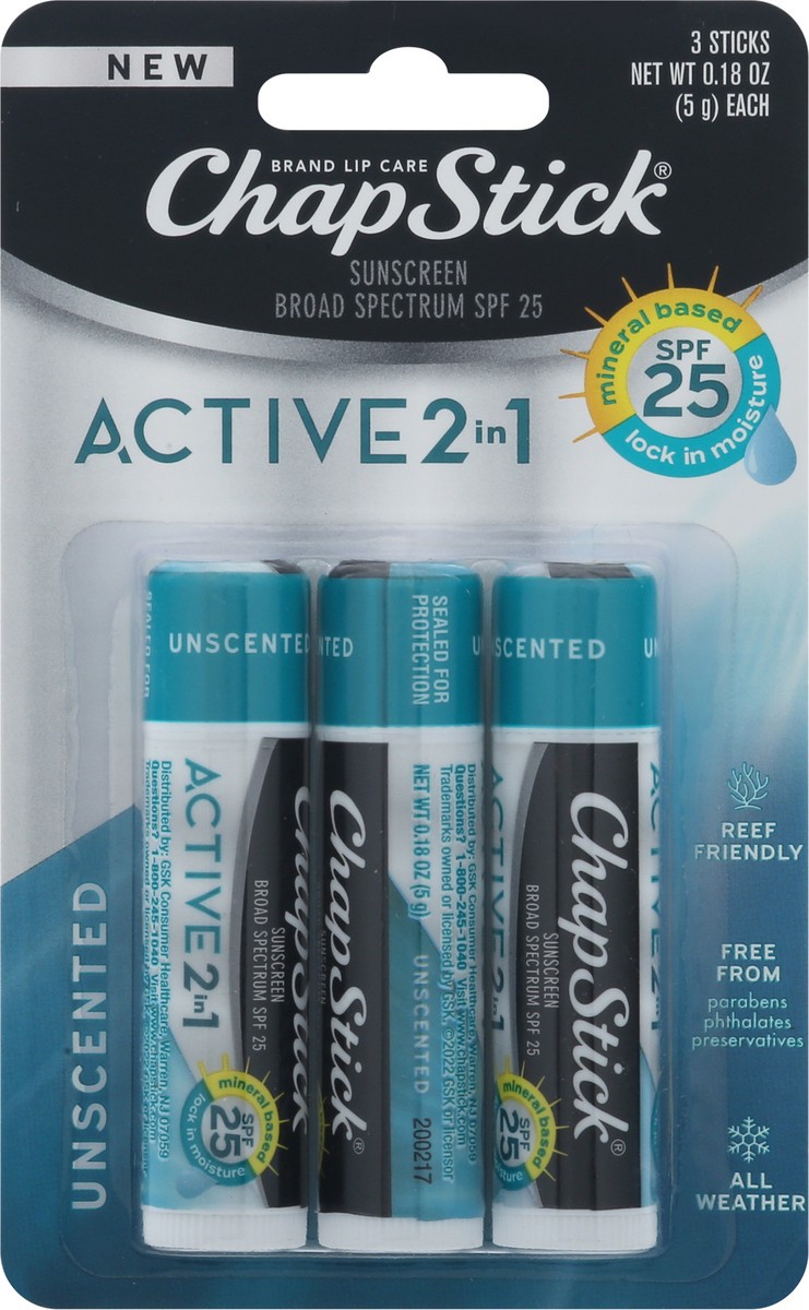 slide 6 of 10, ChapStick Broad Spectrum SPF 15 Active 2 in 1 Sunscreen Lip Care 3 - 0.18 oz Sticks, 3 ct