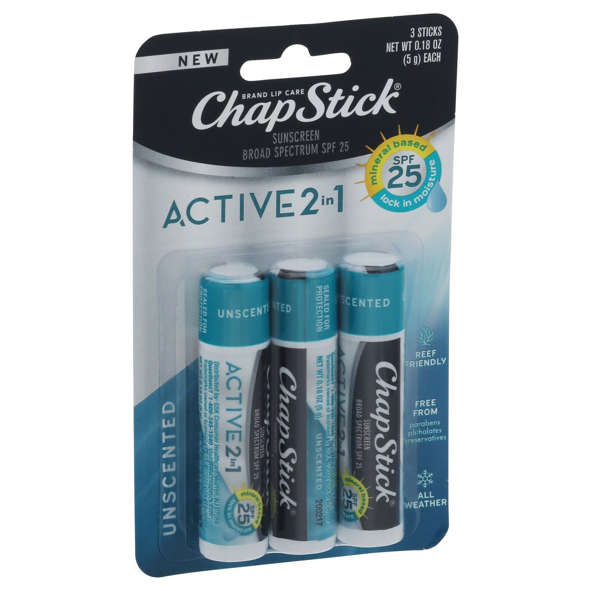 slide 2 of 10, ChapStick Broad Spectrum SPF 15 Active 2 in 1 Sunscreen Lip Care 3 - 0.18 oz Sticks, 3 ct