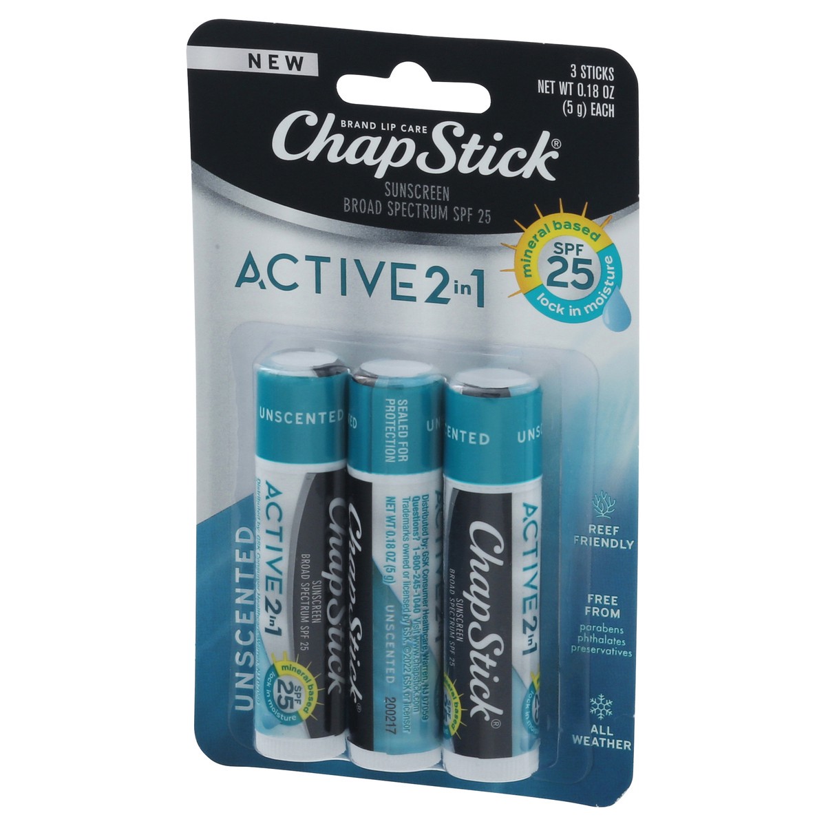 slide 8 of 10, ChapStick Broad Spectrum SPF 15 Active 2 in 1 Sunscreen Lip Care 3 - 0.18 oz Sticks, 3 ct