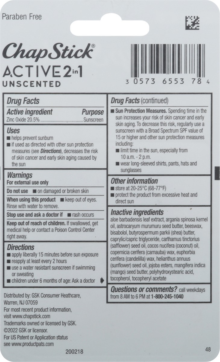 slide 5 of 10, ChapStick Broad Spectrum SPF 15 Active 2 in 1 Sunscreen Lip Care 3 - 0.18 oz Sticks, 3 ct
