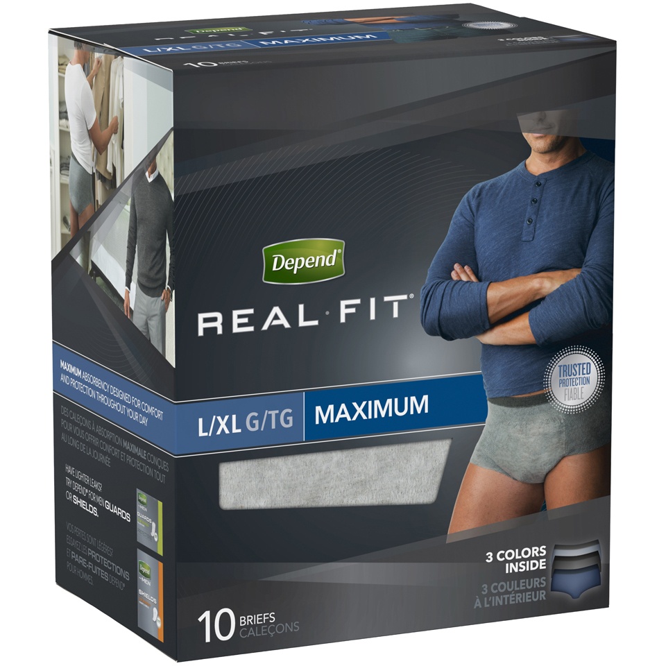 slide 2 of 3, Depend Real Fit Incontinence Briefs For Men Maximum Absorbency L/Xl, 10 ct