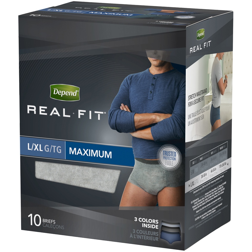 slide 3 of 3, Depend Real Fit Incontinence Briefs For Men Maximum Absorbency L/Xl, 10 ct