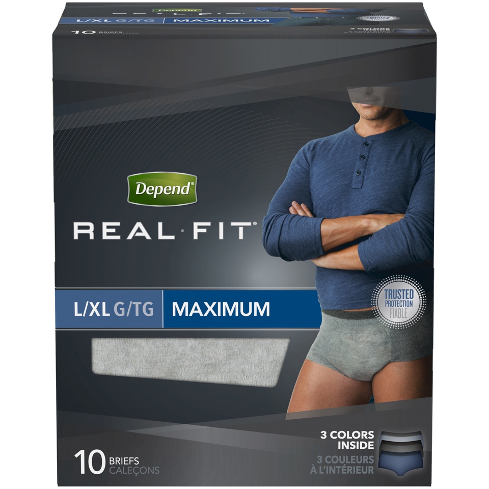 slide 1 of 3, Depend Real Fit Incontinence Briefs For Men Maximum Absorbency L/Xl, 10 ct