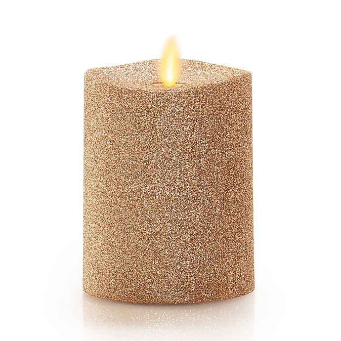 slide 1 of 6, Luminara Gold Glitter Real-Flame Effect Pillar Candle, 4 in