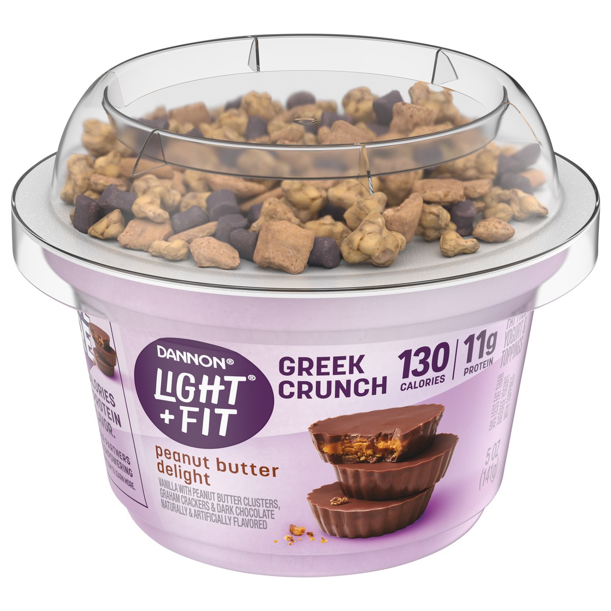 slide 5 of 9, Light + Fit Dannon Light + Fit Greek Crunch Nonfat Yogurt with Toppers, Peanut Butter Delight, 5 oz., 5 oz