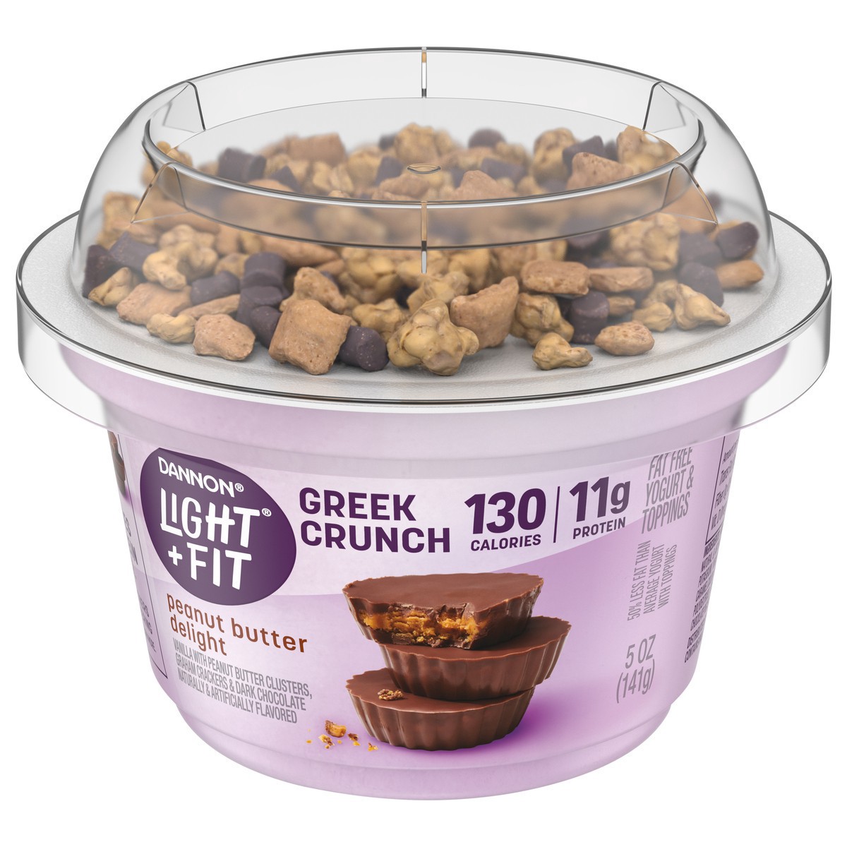 slide 1 of 9, Light + Fit Dannon Light + Fit Greek Crunch Nonfat Yogurt with Toppers, Peanut Butter Delight, 5 oz., 5 oz