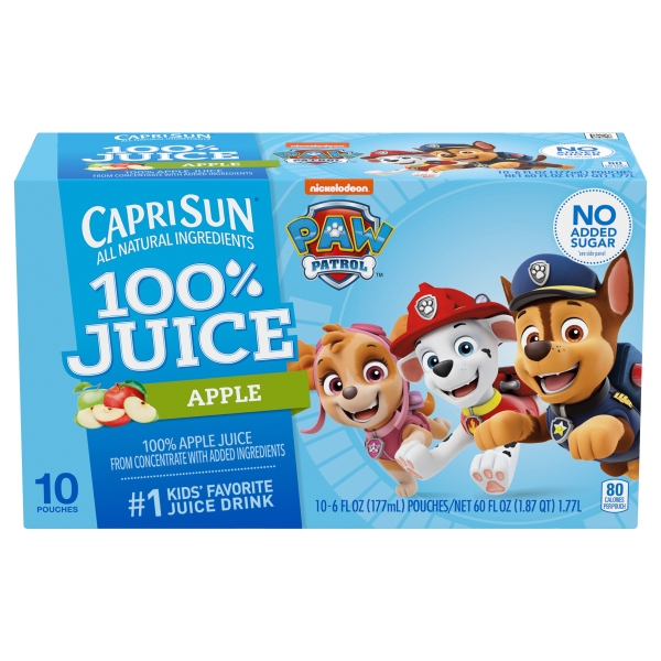 slide 1 of 1, Capri Sun 100% Juice Apple All-Natural Juice from Concentrate with added ingredients, 10 ct Box, 6 fl oz Pouches, 10 ct; 6 fl oz