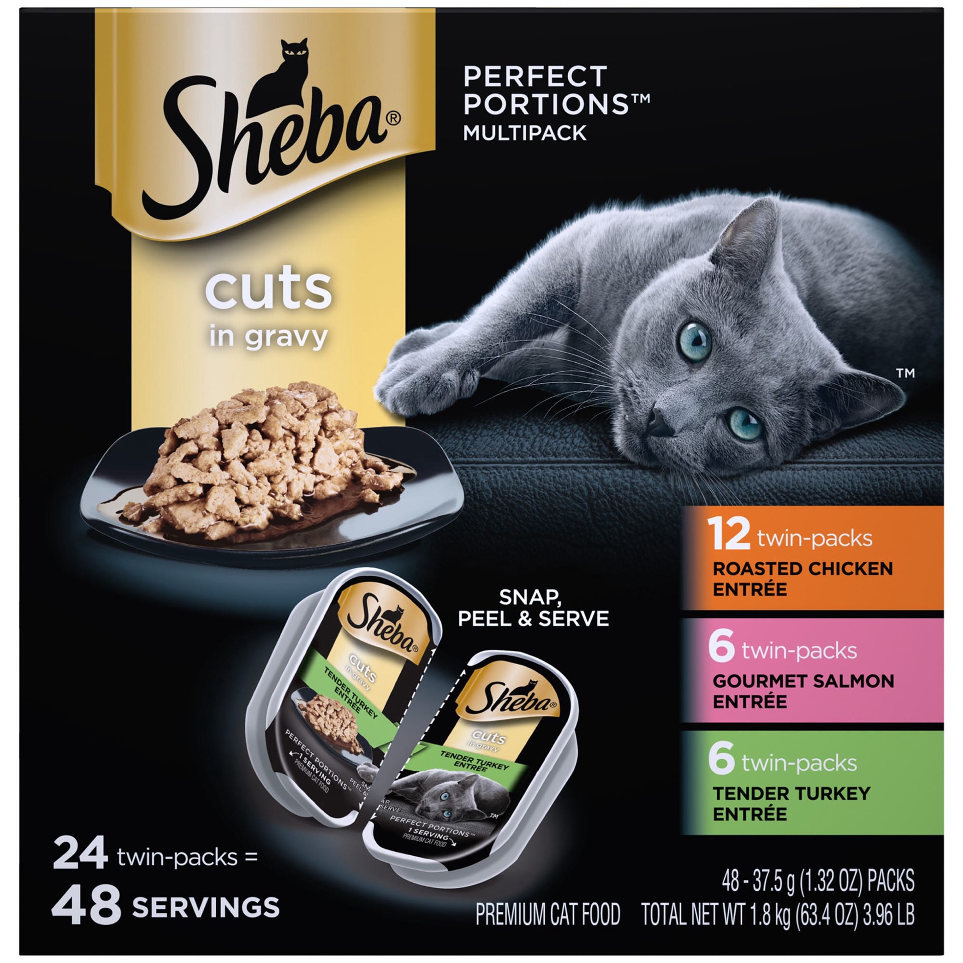 slide 1 of 3, Sheba Perfect Portions Cuts in Gravy Premium Cat Food Variety Pack 48 - 37.5 g Packs, 48 ct